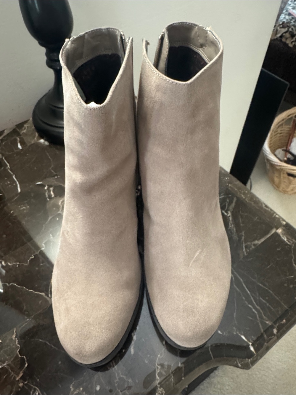 Blondo Taupe Suede V-Cut Ankle Booties
